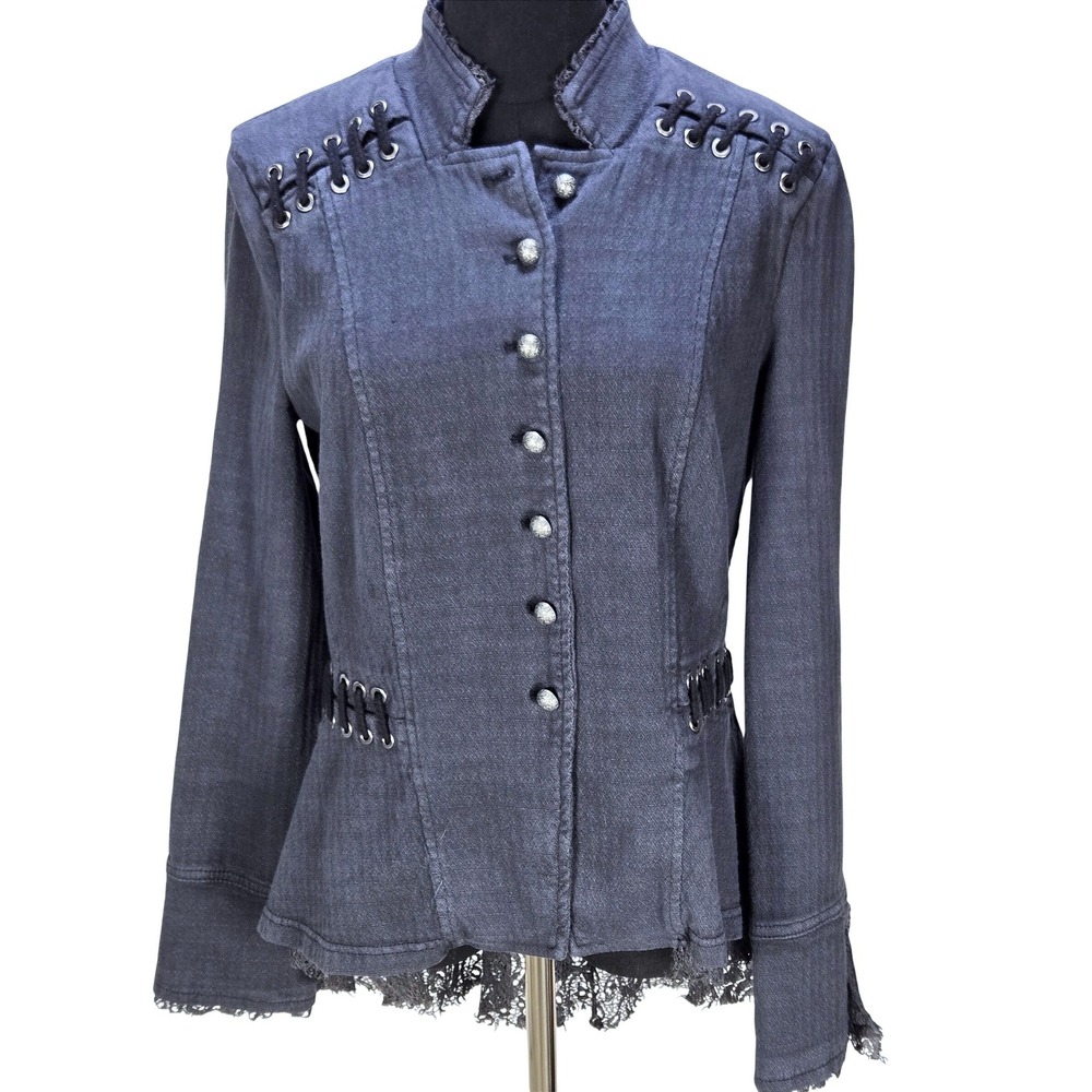 Women's Free People Medium Lace Up Victorian Military Jacket Lace Trim Witchy